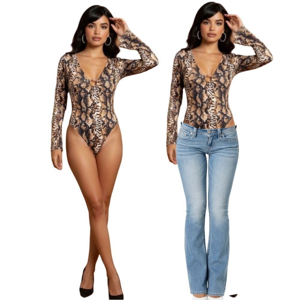 🛍️ Lizette Collection Brown animal print snake long sleeve Bodysuit size sm Med